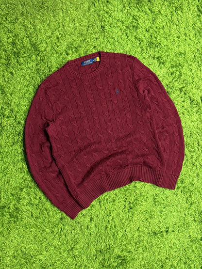 Sweter bordowy warkocz Ralph Lauren Polo old money