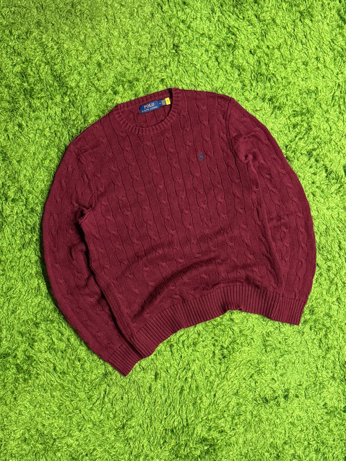 Sweter bordowy warkocz Ralph Lauren Polo old money